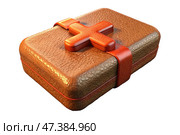 Orange 3D first aid kit with a cross on top isolated on white background, emergency preparedness. Medicine and healthcare concept. Стоковое AI-изображение, AI-художник Коханова Наталья / Фотобанк Лори