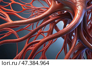 Detailed 3D model showing human blood vessels and arteries in a bright and complex design. illustration with complex vascular system. Стоковое AI-изображение, AI-художник Коханова Наталья / Фотобанк Лори