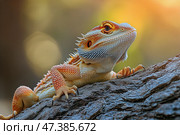 Colorful Bearded Dragon Resting on Tree Branch in Warm Sunlight During Afternoon Hours. Стоковое AI-изображение, AI-художник Юлия Гапеенко / Фотобанк Лори