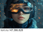 A girl in a high-tech cyberpunk setting. She wears massive VR/AR glasses with a bright orange interface that reflects a schematic digital map or data stream. Her gaze is focused, her lips are half-open, and her overall appearance combines futurism with sci-fi aesthetics. There are also headphones or helmet elements on her head, and her clothes are made of materials reminiscent of tactical or technological gear. The background is darkened, with scattered fiery particles creating the effect of a digital spark or urban neon. Стоковое AI-изображение, AI-художник Анна Кривицкая / Фотобанк Лори