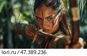 Amazon, Young female archer in jungle. Стоковое AI-изображение, AI-художник Михаил Коханчиков / Фотобанк Лори