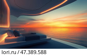 Modern bedroom with stunning ocean view during sunrise offers serenity and tranquility. Стоковое AI-изображение, AI-художник Михаил Коханчиков / Фотобанк Лори