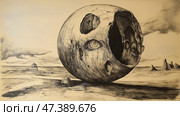 Surreal landscape featuring a large cracked sphere in desolate environment under a cloudy sky. Стоковое AI-изображение, AI-художник Михаил Коханчиков / Фотобанк Лори