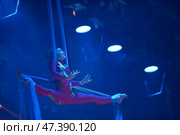 Belarus, Gomel, June 13, 2017 Palace of Culture, performance of the Abel Folk Circus,A girl dancing a dance on canvases.Children's sports. Girl gymnast. Straight tricks. Редакционное фото, фотограф Лазаренко Светлана / Фотобанк Лори