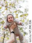 A charming boy in nature among flowering trees. A 4-month-old child looks at the camera and smiles. Family, pregnancy and childbirth. Стоковое фото, фотограф Photojuli / Фотобанк Лори