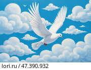Белая голубка, вдохновляющее настроение, парящая сквозь пушистые облака, на фоне яркого голубого неба. Стоковое AI-изображение, AI-художник Елена Болотина / Фотобанк Лори