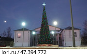 Nikolskoye, Leningrad region, Russia 01.19.25: town square, towering Christmas tree decorated with colorful lights stands tall, snow covers ground under beautiful dusk sky, creating festive atmosphere (2017 год). Редакционное видео, видеограф Юлия Петровская / Фотобанк Лори