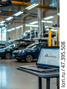 The car engine is being diagnosed in the Car Workshop. There are various SUVs in the garage. Стоковое AI-изображение, AI-художник Ирина Ручушкина / Фотобанк Лори