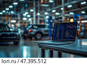 The car engine is being diagnosed in the Car Workshop. There are various SUVs in the garage. Стоковое AI-изображение, AI-художник Ирина Ручушкина / Фотобанк Лори