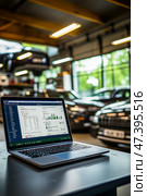 The car engine is being diagnosed in the Car Workshop. There are various SUVs in the garage. Стоковое AI-изображение, AI-художник Ирина Ручушкина / Фотобанк Лори