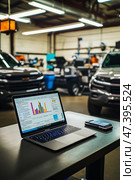 The car engine is being diagnosed in the Car Workshop. There are various SUVs in the garage. Стоковое AI-изображение, AI-художник Ирина Ручушкина / Фотобанк Лори