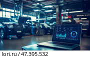 The car engine is being diagnosed in the Car Workshop. There are various SUVs in the garage. Стоковое AI-изображение, AI-художник Ирина Ручушкина / Фотобанк Лори