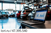 The car engine is being diagnosed in the Car Workshop. There are various SUVs in the garage. Стоковое AI-изображение, AI-художник Ирина Ручушкина / Фотобанк Лори