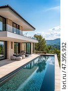 Luxurious Modern Villa With Pool Overlooking Scenic Landscape at Sunset. Стоковое AI-изображение, AI-художник Юлия Гапеенко / Фотобанк Лори