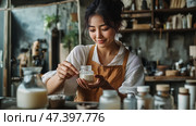 Woman in an apron crafting natural skincare products in a cozy workshop space. Стоковое AI-изображение, AI-художник Сергей Толмачёв / Фотобанк Лори