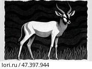 A stylized graphic illustration of an antelope, made using the technique of linocut or imitating linear engraving. The animal's figure is depicted against a background of wavy black lines, reminiscent of night or abstract space. The antelope stands on the ground with tall grass, its pose is graceful and motionless. The work is done in black and white, with an emphasis on texture, shading and contrast between the light silhouette and the dark background. The composition is reminiscent of African or ethnic decorative art. Стоковое AI-изображение, AI-художник Анна Кривицкая / Фотобанк Лори