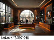 A luxurious modern office with a panoramic view of the city metropolis. The main element of the interior is a stylish illuminated desk made of wood and metal. Behind it is a large round window with a view of the skyscrapers. The walls are lined with brick, which gives the room an industrial charm, and warm LED lighting adds coziness and solidity. The space is furnished in the spirit of high-end design: minimalism is combined with luxury, modernity - with vintage elements. The interior is ideal for the image of a CEO, architect, investor or those who make important decisions at heights. Стоковое AI-изображение, AI-художник Анна Кривицкая / Фотобанк Лори