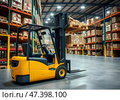 Forklift in a modern warehouse. A modern warehouse interior with an industrial loader at its center and towering storage racks lined with crates and boxes, all bathed in soft, natural light pouring in through the skylights above. The concept of logistics. Стоковое AI-изображение, AI-художник Iva Noel / Фотобанк Лори