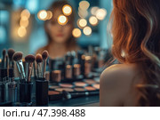 Женщина смотрит на себя в зеркало, а вокруг нее разбросаны кисточки для макияжа. Стоковое AI-изображение, AI-художник Ярославский Максим / Фотобанк Лори