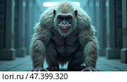 Unique White-Furred Humanoid Creature Poses in a Dimly Lit Corridor With a Mysterious Ambiance at Twilight. Anthropomorphic ape. Quadrobbing subculture. Стоковое AI-изображение, AI-художник Sergey Grishin / Фотобанк Лори