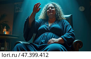 Woman in a Dark Room Demonstrating a Spiritual Ritual With Hand Raised and an Introspective Expression. Стоковое AI-изображение, AI-художник Sergey Grishin / Фотобанк Лори