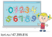 Puzzled cute little schoolgirl thinking about a class task near an interactive whiteboard with funny numbers at a math lesson in elementary school. Стоковая иллюстрация, иллюстратор Alexey Bannykh / Фотобанк Лори