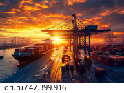 Красивый индустриальный пейзаж на закате. Морской порт, контейнеровоз у причала, силуэты портовых кранов. Стоковое AI-изображение, AI-художник Щеголева Ольга / Фотобанк Лори