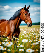 A horse among the grass in a meadow. 2026 is the year of the Horse according to the eastern calendar. Стоковое AI-изображение, AI-художник Сергей Елизарьев / Фотобанк Лори