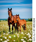 A horse with a foal among the grass in a meadow. 2026 is the year of the Horse according to the eastern calendar. Стоковое AI-изображение, AI-художник Сергей Елизарьев / Фотобанк Лори