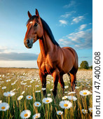 A horse among the grass in a meadow. 2026 is the year of the Horse according to the eastern calendar. Стоковое AI-изображение, AI-художник Сергей Елизарьев / Фотобанк Лори