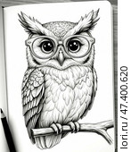 Wise owl. Educational children's coloring (black and white). White background, in the style of a coloring book, a drawing for children to color. Стоковое AI-изображение, AI-художник Сергей Елизарьев / Фотобанк Лори