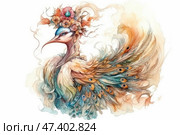 A fantastic watercolor illustration of a fairy bird that resembles a peacock, a heron and a phoenix all at once. Its feathers are multi-colored, soft, with smooth transitions of shades of orange, turquoise, blue and gold. The tail is decorated with eye patterns, like a peacock. On the bird's head is an elegant wreath of flowers, fruits and feathers, giving it a regal and mystical appearance. The image is like a living legend, embodying the beauty of nature, imagination and the spirit of a fairy tale. Стоковое AI-изображение, AI-художник Анна Кривицкая / Фотобанк Лори