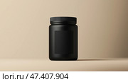Matte black pre-workout container on a minimalist pedestal with shadows. Гладкий матово-черный контейнер для употребления перед тренировкой стоит на простом постаменте, окруженный мягкими тенями от источника света, подчеркивающими его современный дизайн и обтекаемую форму. Стоковое AI-изображение, AI-художник Katsiaryna Repich / Фотобанк Лори