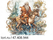Fairytale watercolor illustration: an old man with a long gray beard and a reddish-orange robe rides a horse. He holds the reins and looks like a wise forest spirit, shaman or wizard. The horse is decorated with leaves, and around it there is a swirling stream of water, trees and curls reminiscent of magical patterns or smoke. The atmosphere of the plot is filled with myth, natural magic and old Slavic motifs. Стоковое AI-изображение, AI-художник Анна Кривицкая / Фотобанк Лори