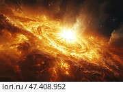 A fantastic depiction of a powerful cosmic event - a star explosion or the formation of a galaxy. The composition is engulfed in swirls of hot plasma emitting blinding light. In the center of the composition is a bright flash, like a supernova, surrounded by a swirl of energy flows. The color scheme varies from bright yellow and orange to deep red and black, emphasizing the scale and drama of the scene. The illustration resembles a digital painting in the genre of space fantasy. Стоковое AI-изображение, AI-художник Анна Кривицкая / Фотобанк Лори