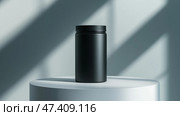Matte black pre-workout container on a minimalist pedestal with shadows. Гладкий матово-черный контейнер для употребления перед тренировкой стоит на простом постаменте, окруженный мягкими тенями от источника света, подчеркивающими его современный дизайн и обтекаемую форму. Стоковое AI-изображение, AI-художник Katsiaryna Repich / Фотобанк Лори