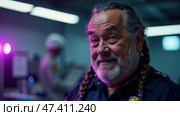 Experienced Officer Engaged in Active Duty Within a Contemporary Operations Room During a Nighttime Shift. Man in uniform. Стоковое AI-изображение, AI-художник Sergey Grishin / Фотобанк Лори