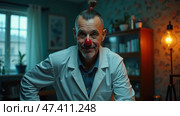Clown Doctor in a Cozy Room With a Playful Expression and Bright Red Nose. Стоковое AI-изображение, AI-художник Sergey Grishin / Фотобанк Лори