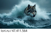 Majestic Wolf Emerges From Tumultuous Ocean Waves Under a Stormy Sky at Dusk, Embodying the Spirit of the Wild and Untamed Nature. Стоковое AI-изображение, AI-художник Sergey Grishin / Фотобанк Лори