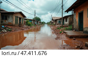 Flooded Street in a Rural Area Showcasing Waterlogged Houses and Muddy Roads After Heavy Rainfall. Стоковое AI-изображение, AI-художник Sergey Grishin / Фотобанк Лори