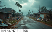Desolate Street Lined With Debris and Palm Trees After a Powerful Storm Has Devastated the Neighborhood. Стоковое AI-изображение, AI-художник Sergey Grishin / Фотобанк Лори