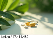 Golden yellow pills on a round white table. Softgel of food supplements, fish oil, omega 3, vitamin D3, vitamin E oil filled capsules on a white background. Стоковое AI-изображение, AI-художник Роготнева Виктория / Фотобанк Лори