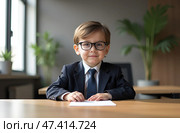 News anchor little boy. funny child headline tv. kids news.a boy in a suit is sitting in an office at a computer. Стоковое AI-изображение, AI-художник Роготнева Виктория / Фотобанк Лори
