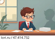 News anchor little boy. funny child headline tv. kids news.a boy in a suit is sitting in an office at a computer. Стоковое AI-изображение, AI-художник Роготнева Виктория / Фотобанк Лори