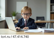 News anchor little boy. funny child headline tv. kids news.a boy in a suit is sitting in an office at a computer. Стоковое AI-изображение, AI-художник Роготнева Виктория / Фотобанк Лори