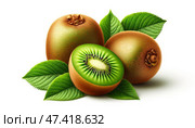 Fresh Kiwis and Green Leaves Isolated on White. Стоковое фото, фотограф Андрей Бакусов / Фотобанк Лори