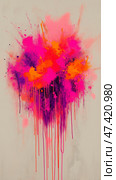 Vibrant abstract acrylic art piece showcasing bold colors and expressive drips. Эта поразительная абстрактная акриловая картина представляет собой всплеск ярких розовых, фиолетовых и оранжевых цветов. Цвета смешиваются и переливаются, создавая энергичную композицию, которая приковывает внимание. Стоковое AI-изображение, AI-художник Katsiaryna Repich / Фотобанк Лори