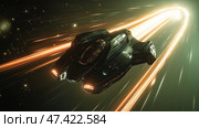 Spaceship navigating through colorful light trails in a cosmic interstellar travel. Стоковое AI-изображение, AI-художник Михаил Коханчиков / Фотобанк Лори