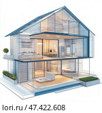 Modern glass-fronted house design merges elegance and comfort in a serene environment. Стоковое AI-изображение, AI-художник Михаил Коханчиков / Фотобанк Лори
