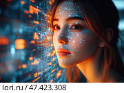 A young woman with a neutral, slightly thoughtful expression, turned towards a digital wall covered in glowing data and abstract light lines. Her face is covered in a blue pattern resembling a grid of glowing dots - as in 3D scanning or facial recognition. The combination of blue and orange light emphasizes the atmosphere of the future, high technology and artificial intelligence. The scene looks cinematic and conceptual - like a frame from a sci-fi movie. Стоковое AI-изображение, AI-художник Анна Кривицкая / Фотобанк Лори